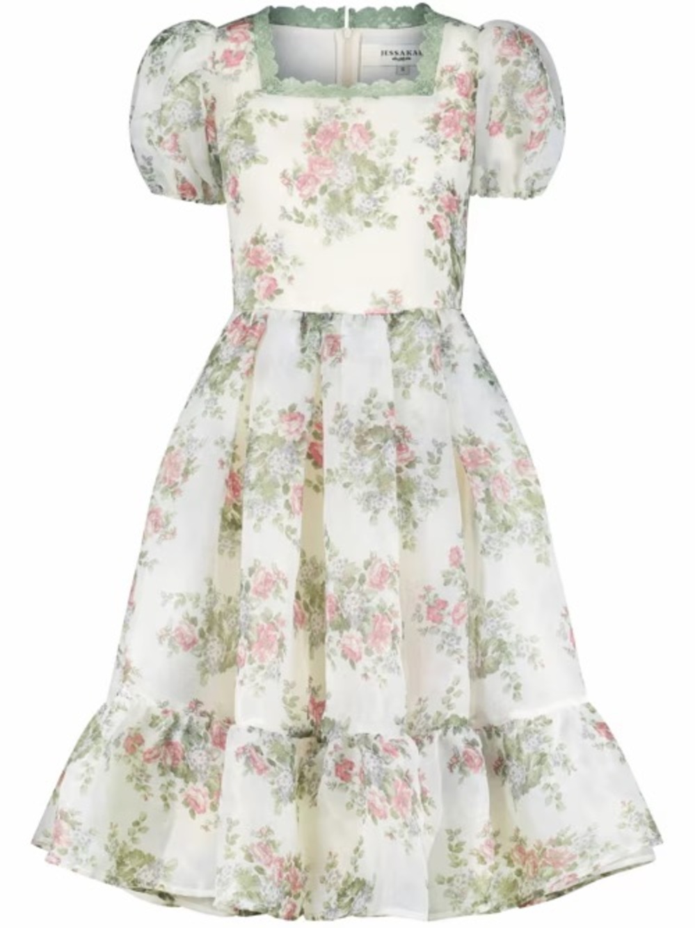 Jessakae Lydia Floral Puff-Sleeve Midi Dress in Cream